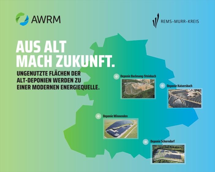 Grafisches Element mit vier ehemaligen Deponiestandorten, auf denen nun Freiflächensolaranlagen gebaut werden 